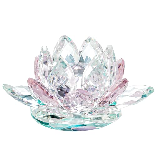 Crystal Lotus Flower Bicolor - Hue Reflection Glass Lotus Flower Feng Shui Home Decor Lucky Charm Crystal Figurine with Gift Box Collectible Figurines (Pink, 3.3 inches) Pink