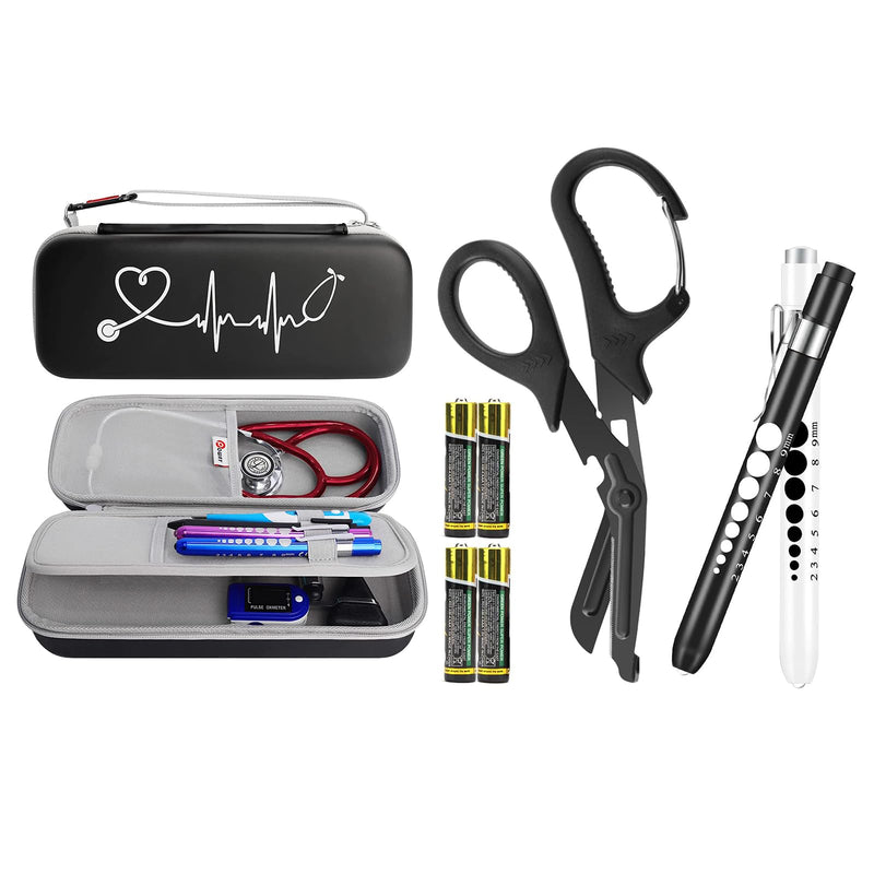 [Australia - AusPower] - Stethoscope Carrying Case PU Black and 3 Pack Penlight and Medical Scissors for Nurses Doctor EMT First Aid 