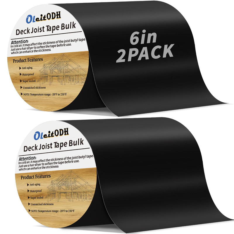 Oleitodh 2 Rolls Butyl Joist Tape for decking, 6 Inch x 50 Feet Weatherproof Butyl Sealant Deck Tape Joist-Beam Deck Joist Tape Bulk for Wood Joists Decks Beams Roof 6" X 50'-2 Rolls Black-PVC