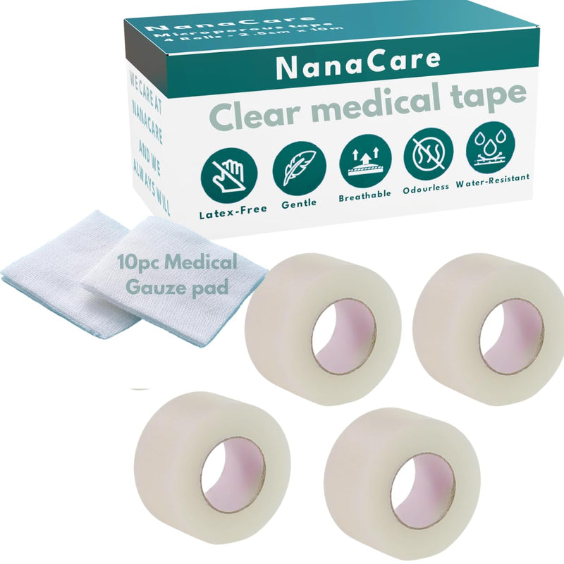 [Australia - AusPower] - Hypoallergenic Transparent Surgical Tape 1 inch x 10yd |4 Rolls Waterproof,Clear| Medical Tape for Skin, Dressings and Face| First Aid Bandage Tape for Sensitive Skin 