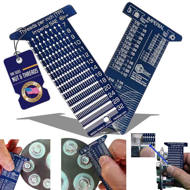 [Australia - AusPower] - HexSizer - SAE Hex Nut and Bolt Size Gauge Tool & Inch Thread Pitch Checker Set – Compact, Durable Aluminum Gauge for Measuring SAE Hardware, Nuts, Studs, and Bolts - Imperial Units Measurement 