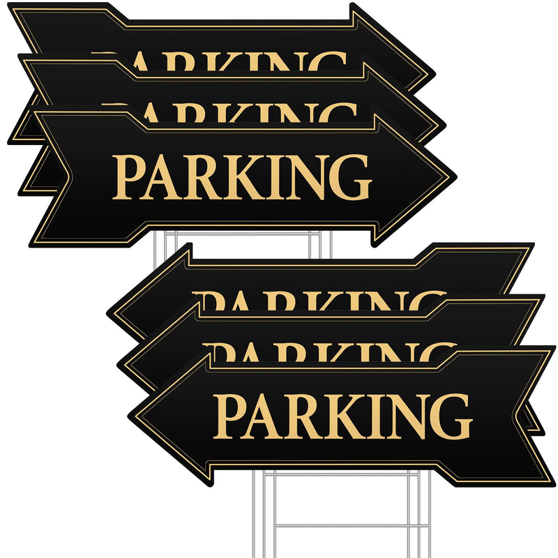 Menkxi 6 Pack Directional Arrow Parking Sign with Metal Stakes17 x 6 Inch Double Sided Wedding Arrow Parking Signs Black and Gold Yard Sign Event Guest Parking Sign for Outdoor Yard Wedding