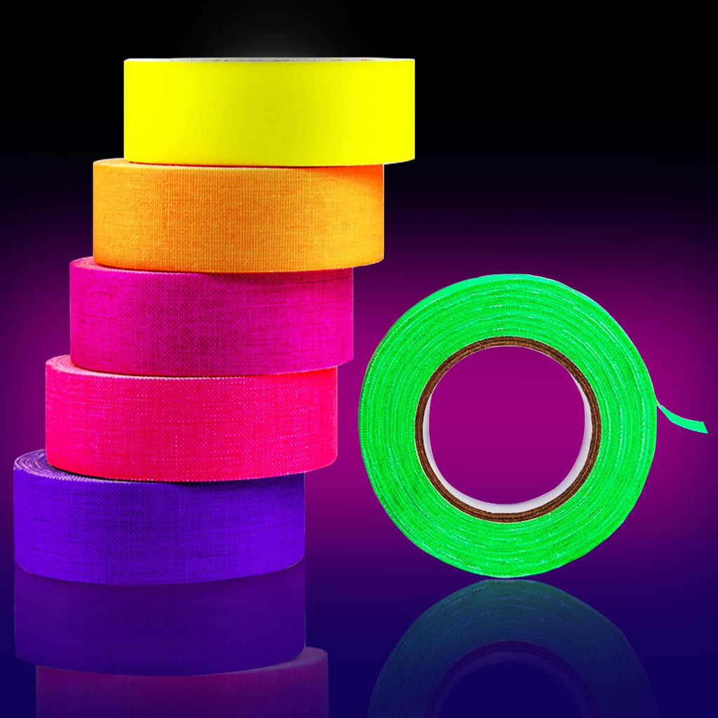 HTVRONT UV Blacklight Reactive Neon Tape, 6 Colors Neon Gaffer Tape, Fluorescent UV Black Light Glow in The Dark Tape for UV Party 1 inch x 30ft x 6 Rolls