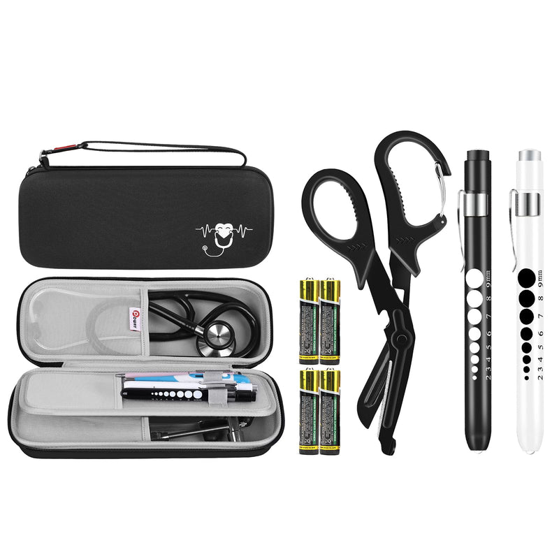 [Australia - AusPower] - Stethoscope Carrying Case Black and 3 Pack Penlight and Medical Scissors for Nurses Doctor EMT First Aid 