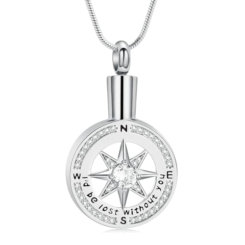 I'd be lost without you - Cremation Jewelry for Ashes Pendant - Compass Urn Necklace with Mini Keepsake Urn Memorial Ash Jewelry Loved One Silver
