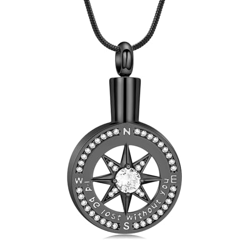 I'd be lost without you - Cremation Jewelry for Ashes Pendant - Compass Urn Necklace with Mini Keepsake Urn Memorial Ash Jewelry Loved One Black