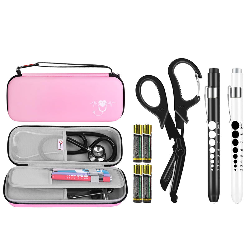 [Australia - AusPower] - Stethoscope Carrying Case Pink and 3 Pack Penlight and Medical Scissors for Nurses Doctor EMT First Aid 