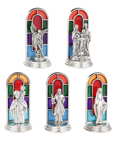 5Pcs Mini Figurines Mix St.Christoper St. Michael Holy Family The Divine Mercy Our Lady Religious Icon Statue Church Stained Window Background Home Decor Car Ornament with Pastable Base