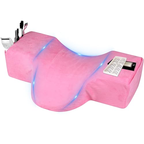 IMENE Lash Pillow for Lash Extensions- Memory Foam Lash Pillow with Neck and Back Support, Ergonomic lash Bed Pillow with Velvet Pillowcase and Lash Organizer Pockets (Pink) Pink