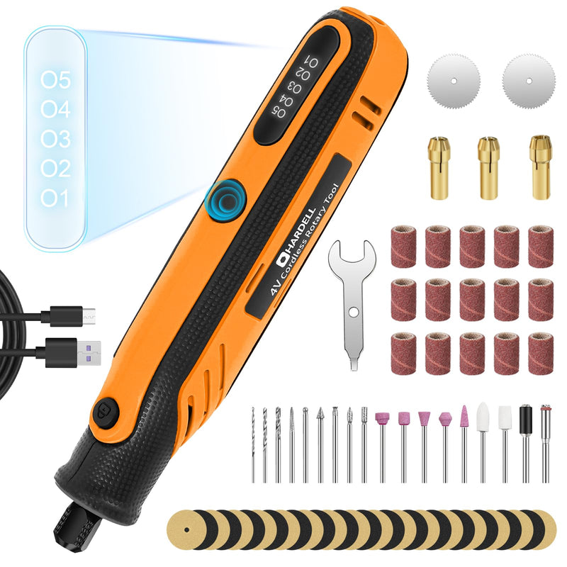 HARDELL Rotary Tool, 4V Mini Cordless Rotary tool Kit con 5 Speed Display, Rechargeable Rotary tool Set with 69 Accessories for Sanding, Grinding, Engraving, Polishing, Drilling, Cutting, DIY Crafting Orange Gift