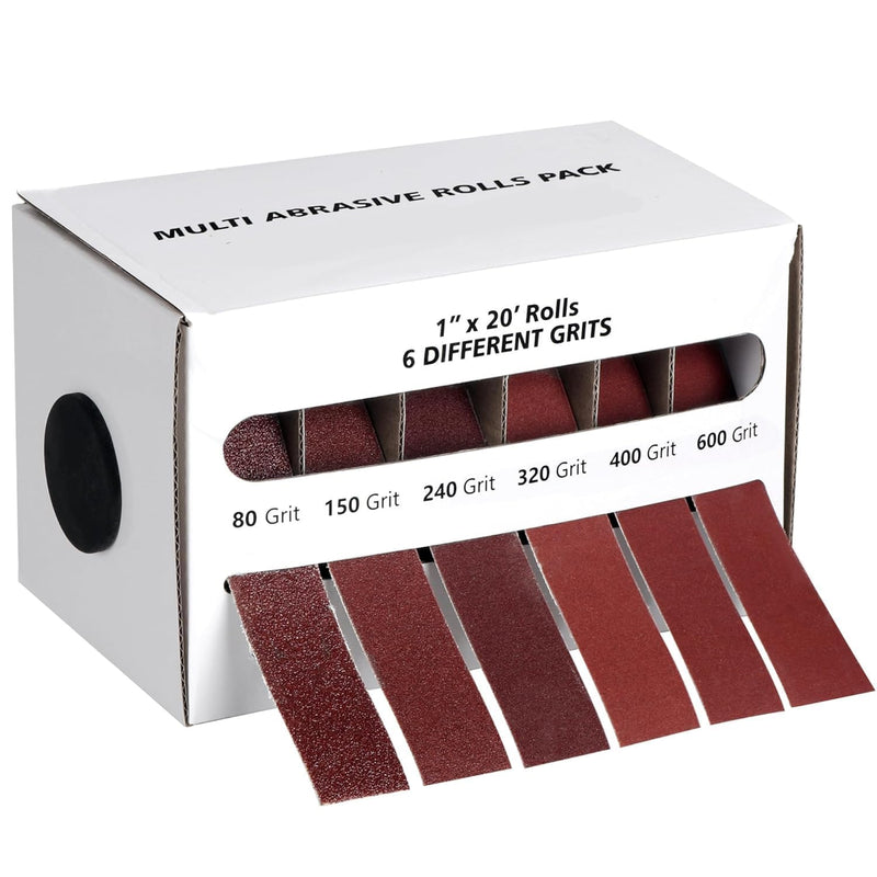 Emery Cloth Roll,6 Grits 1'' x 20FT Sandpaper Roll with Dispenser,80 150 240 320 400 600 Grit Sand Assortment,Sanding Paper Roll & Sandpaper Sheets for Metal Auto Wood Dry&Wet Polishing.(6Rolls 20FT) 6Rolls 20FT