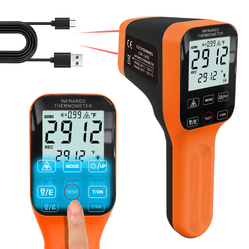 [Australia - AusPower] - Pyrometer, 30:1 Industrial Infrared Thermometer Gun Rechargeable, -58℉~2912℉ High Temp Waterproof Digital IR Laser Temperature Gauge (NOT for Human) Orange 