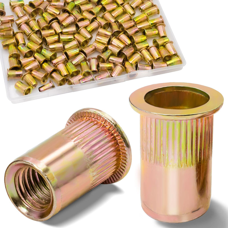 [Australia - AusPower] - 1/4 Rivet Nut, 115Pcs Carbon Steel Zinc Rivet Nuts 1/4-20, 1/4 20 Threaded Insert Rivnut, 1/4 UNC Rivets Nutsert, Flat Head 1/4 x 20 RIV Nuts 1/4''-20 Yellow 