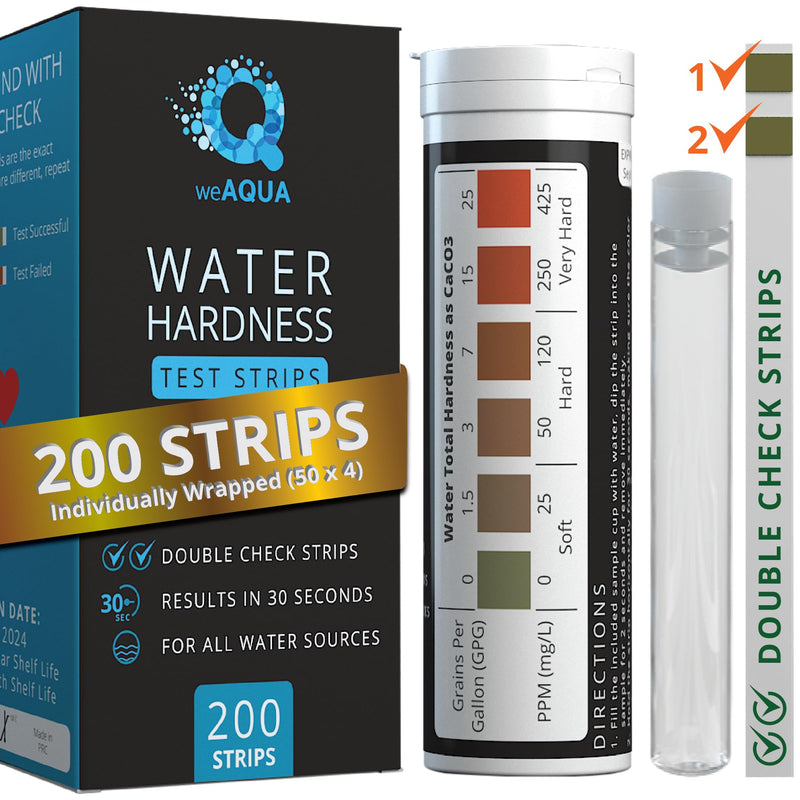 [Australia - AusPower] - Water Hardness Test Kit - 200 Hard Water Testing Strips with DoubleCheck, Sample Cup and Individually Wrapped 