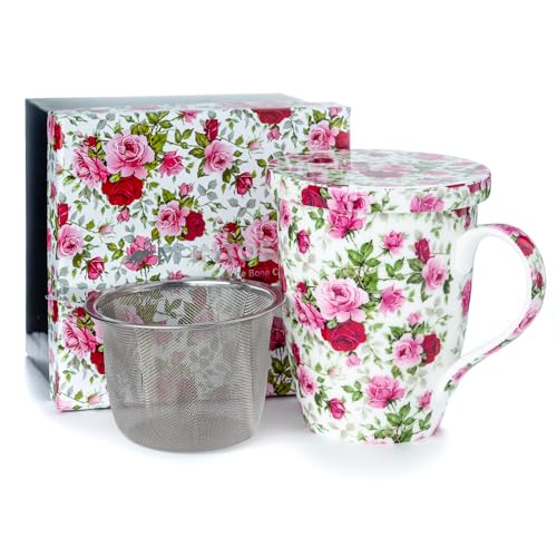 McIntosh Chintz red and pink roses fine bone china tea mug with lid and infuser, showcasing floral design and elegant craftsmanship.
