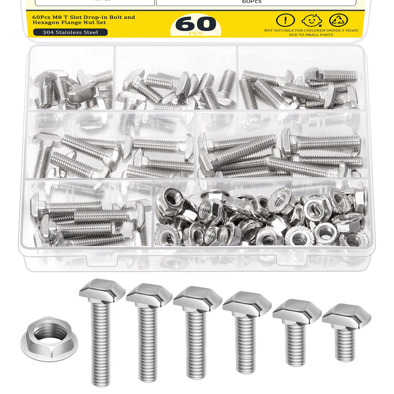 [Australia - AusPower] - 60 Sets M8 T Slot Drop-in Bolt, M8 x 16/20/25/30/35/40mm Hammer Head T-Slot Drop-in Stud Sliding Bolt Screw with Flange Nut for European Standard 40 Series Aluminum Profile 
