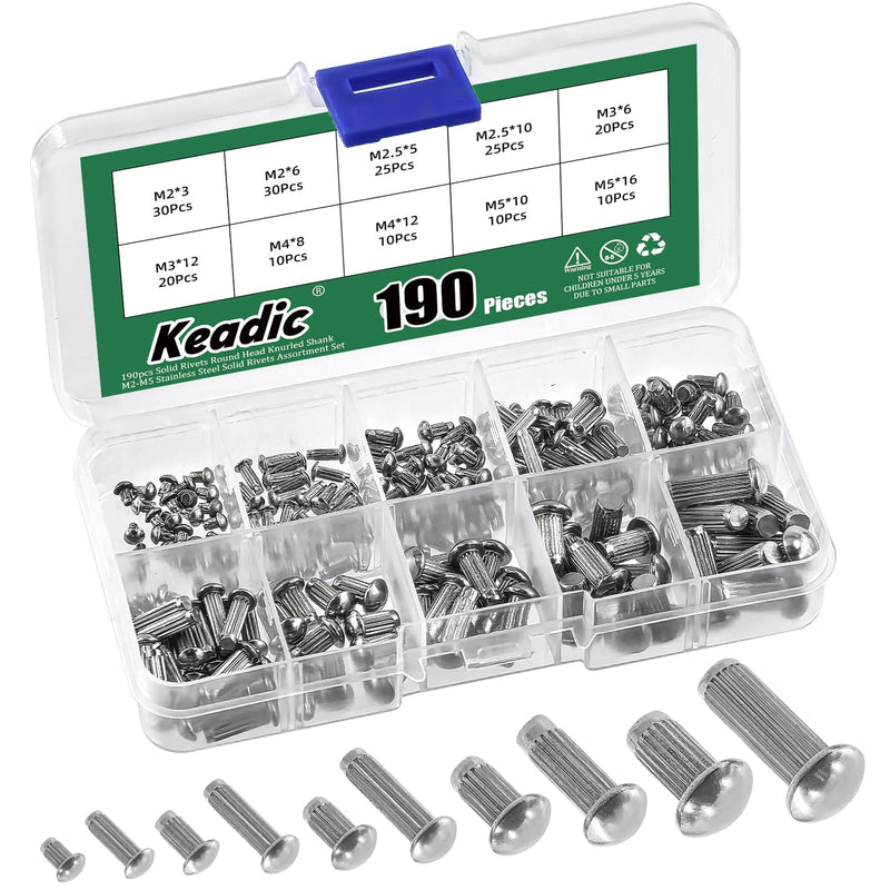 [Australia - AusPower] - Keadic 190Pcs M2 M2.5 M3 M4 M5 304 Stainless Steel Brazier Head Solid Rivet Set, 3mm 5mm 6mm 8mm 10mm 12mm 16mm Solid Rivet Fasteners for Repairing Boats Furniture Automotive 