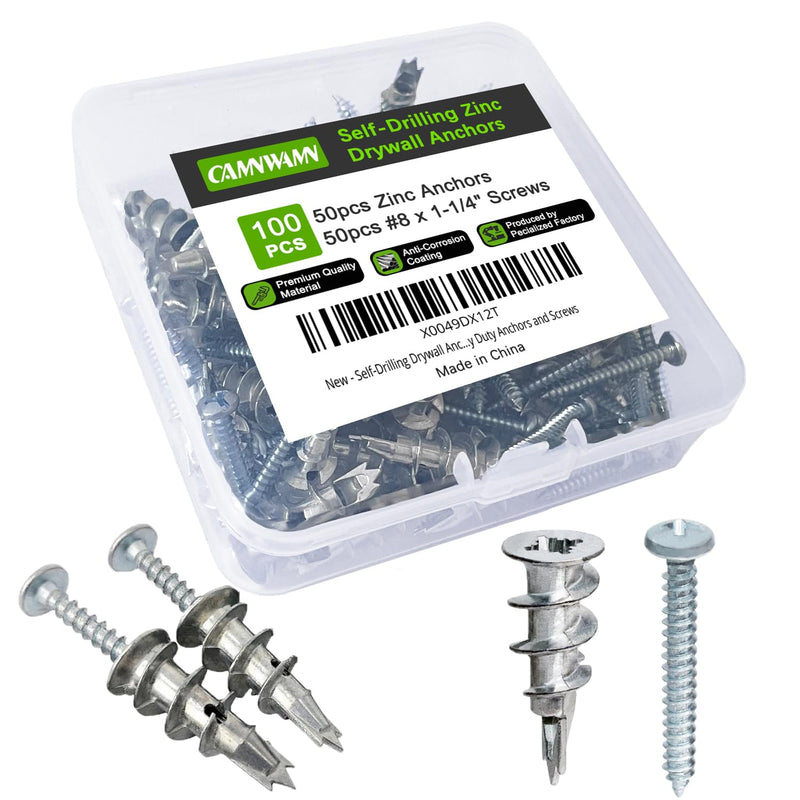 [Australia - AusPower] - #8 Zinc Metal Self-Drilling Drywall Anchors, 100pcs (50 Anchors+50 Screws) Hollow Metal Wall Anchors and Screws Kit with Cross Groove Drill Bit, 50pcs Heavy Duty Anchors 50pcs #8 x 1-1/4" Screws 100 