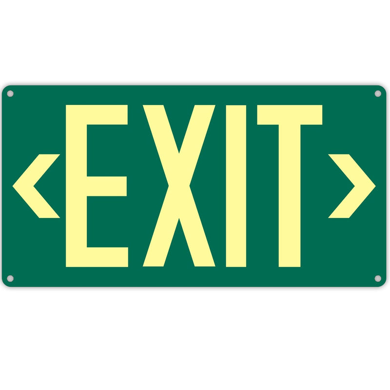 1Pack Photoluminescent Exit Sign Green - Aluminum -14.25"x 7.5" Glow In The Dark Adhesive Backing- Includes 2pcs Removable Arrows- Non Electrical Green Exit Light Green-Metal-1Pack