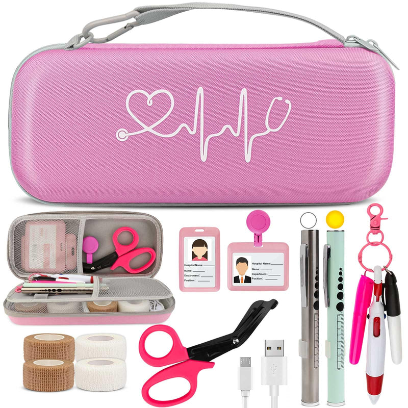 [Australia - AusPower] - 16 Pcs Stethoscope Case Kits, Stethoscope Case with Supplies Include 2 Pcs Rechargeable LED Pen Lights, Nurse Scissors, Nurse Pens, Bandage Wraps, Nurse Accessories, Perfect Nurse Gifts(Pink) Pink 