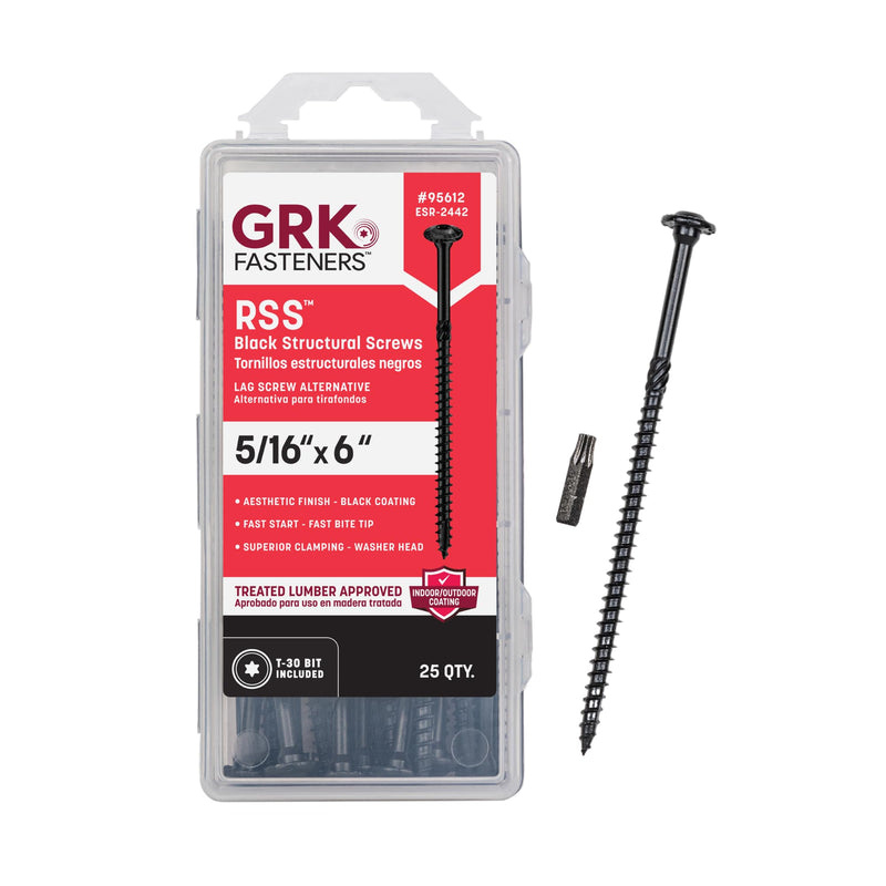 GRK Fasteners RSS™ 5/16 x 6 Inch, Black Multi-Purpose Structural Screws, 25 PCS, Rust Resistant Climatek™ Coating, Interior and Exterior Use, Heavy-Duty, Decorative Hardware Decking Screws, Fast Bite 5/16" x 6"