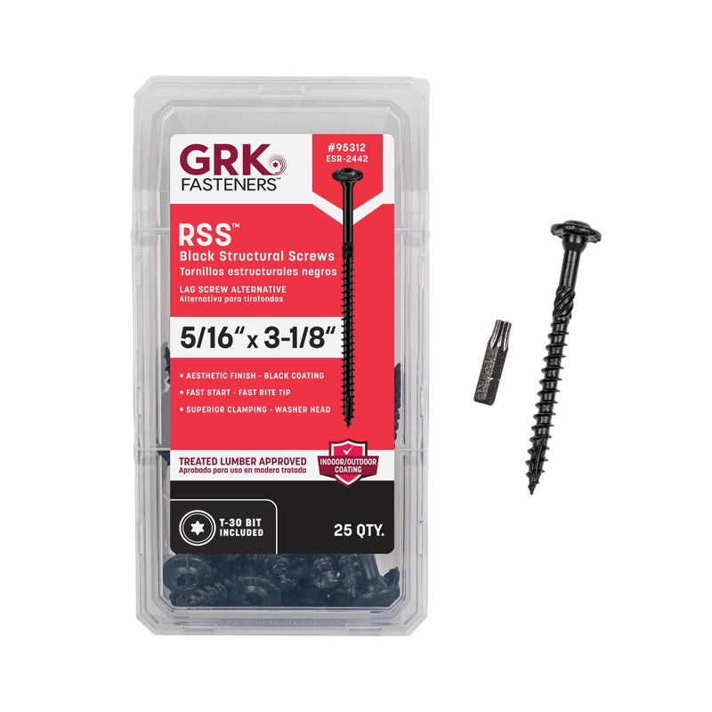 GRK Fasteners RSS™ 5/16 x 3-1/8 Inch, Black Multi-Purpose Structural Screws, 25 PCS, Rust Resistant Climatek™ Coating, Interior and Exterior Use, Heavy-Duty, Decorative Hardware Decking Screws, Fast 5/16" x 3-1/8"