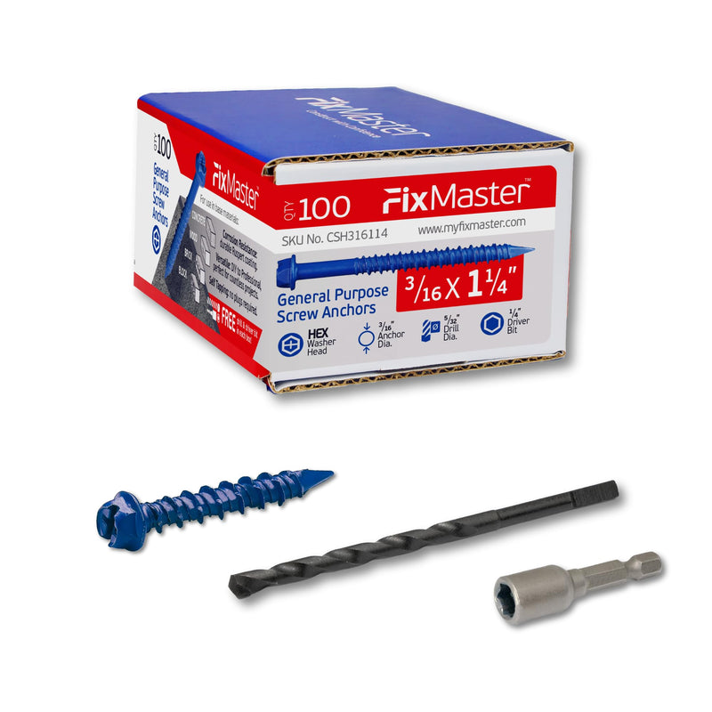 [Australia - AusPower] - 3/16 x 1-1/4" Hex Head Blue Concrete Screw Anchors (100 pcs Screw Kit) with one Screwdriver and Drill Bit for Concrete, Masonry, Block, Brick and Wood fastening 3/16 x 1-1/4" 