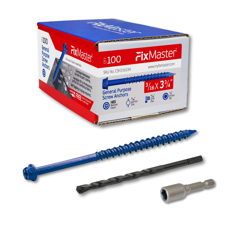 3/16 x 3-3/4" Hex Head Blue Concrete Screw Anchors (100 pcs Screw Kit) with one Screwdriver and Drill Bit for Concrete, Masonry, Block, Brick and Wood Fastening 3/16 x 3-3/4"