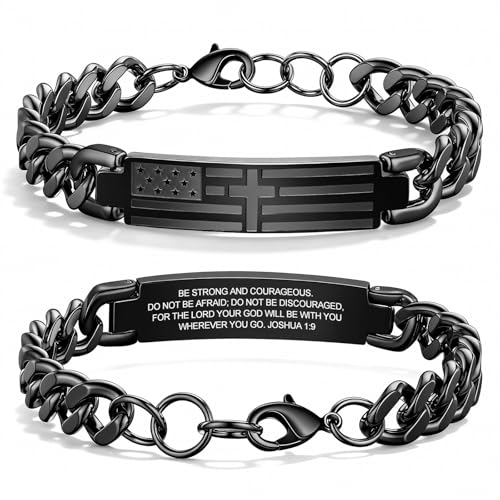 Christian Cross Bracelet for Men - Black Stainless Steel American Flag Joshua 1:9 Bible Verse Bracelet, Cuban Link Religious Easter Confirmation Baptism Christmas Jewelry Gifts for Husband Dad Son Joshua 1:9 (Fits 7.5"-9.3")