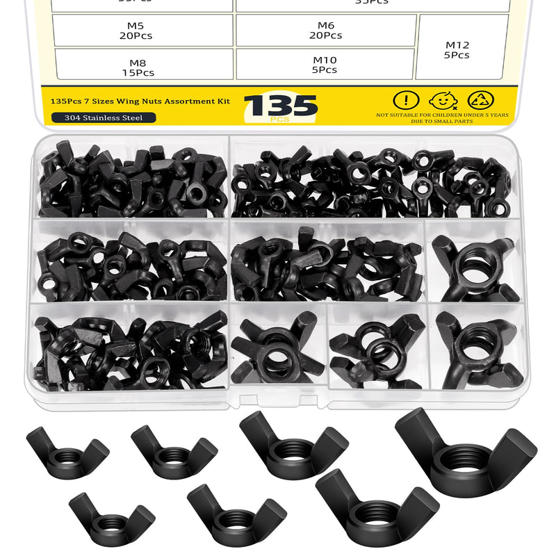 [Australia - AusPower] - 135Pcs Metric Butterfly Wing Nuts Assortment Set, M3-M12, Carbon Steel, Black 