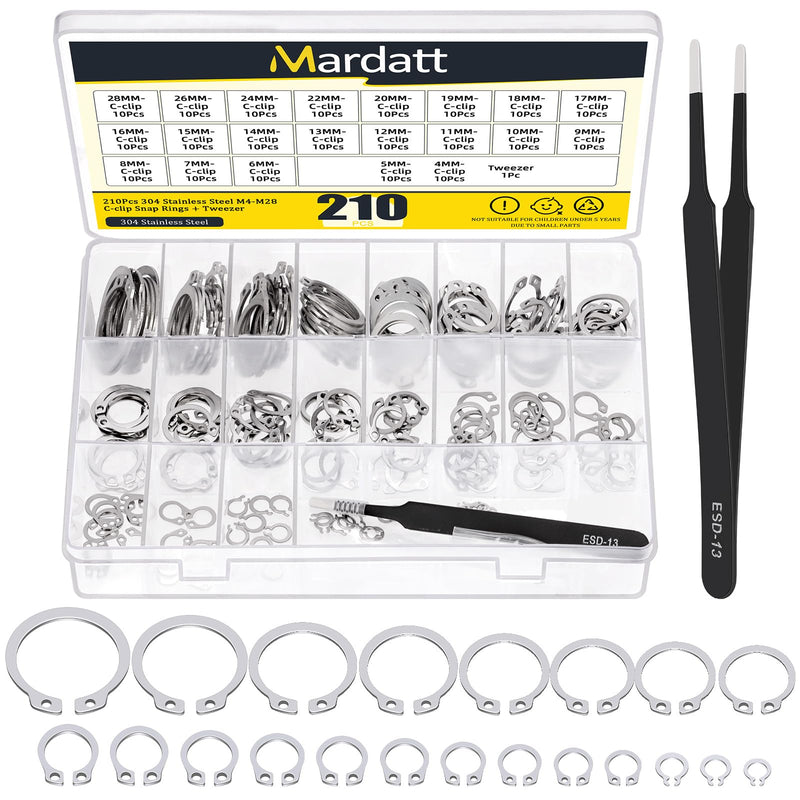 [Australia - AusPower] - 211Pcs 21 Sizes M4-M28 External Retaining Rings Assortment Kit, Stainless Steel Circlip Retainer Rings, Circlip Snap Retaining C-Clips with Tweezer for Axles, Shafts and Other Moving Parts Silver 