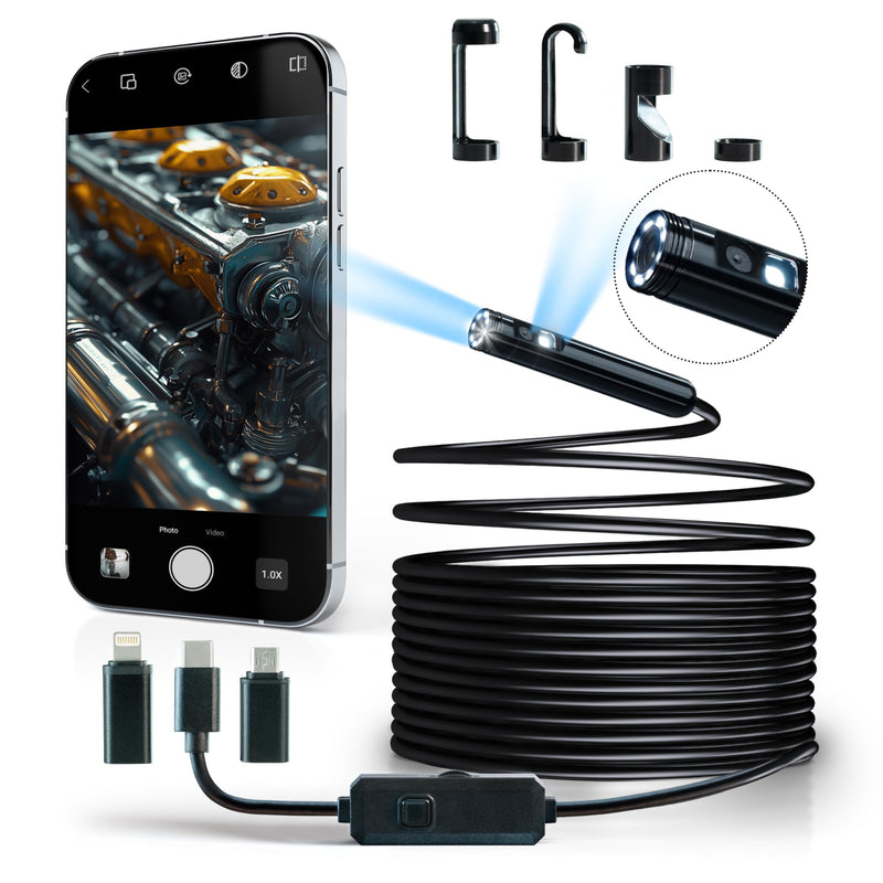 [Australia - AusPower] - Dual Lens Endoscope Camera with Light (1920 * 1440) Inspection Camera with 9 Adjustable LED Lights (16.5 ft) Semi Rigid Cable Borescope for iPhone, iPad, Samsung and Android Devices. 