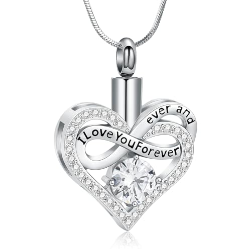 Minicremation Urn Necklace for Ashes Infinite Heart Urn Pendant I Love You Forever Cremation Pendant for Women Ashes Necklace Keepsake Memorial Ash Jewelry Silver-White