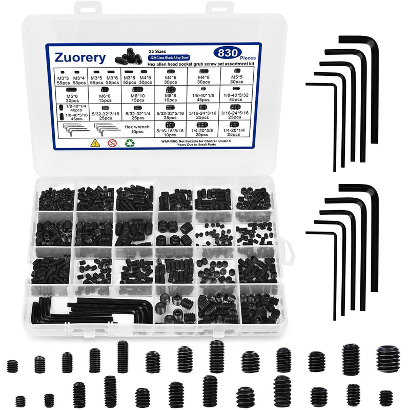 [Australia - AusPower] - 830Pcs 25 Sizes Metric + SAE Set Screw Assortment Kit, Internal Hex Drive Cup-Point Allen Screws Set 12.9 Class Alloy Steel Grub Screw (M3-M8, 1/8"-40 to 5/16"-18) 