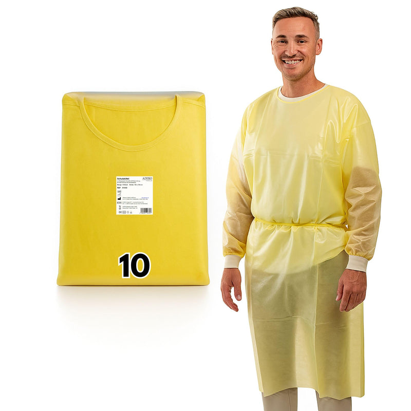 Pack of 10, yellow, disposable PP + PE protective gown, optimal protection, disposable gown with knitted cuffs and fastener, premium surgical gown (125 x 140 cm)