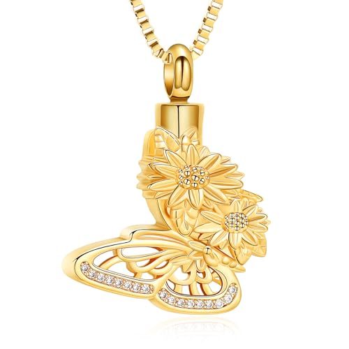 XSMZB Butterfly Sunflower Urn Necklace for Ashes for Women Cremation Jewelry Ashes Holder Keepsake Pendant Gift for Loss Loved One Gold