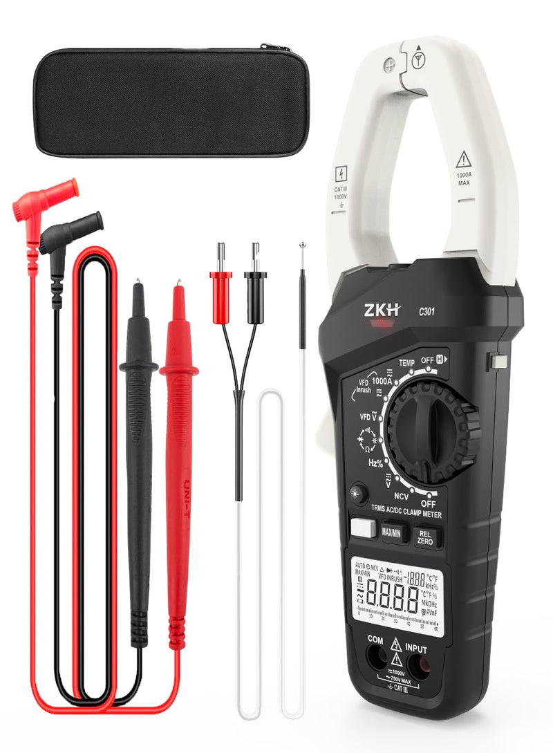 [Australia - AusPower] - Inrush Digital Clamp Meter Multimeter, 1000A Amp Clamp Meter Voltage Tester with VFD, TRMS 6000 Counts, Measures AC/DC Current Voltage, Temp, Resistance, Capacitance, Frequency, Continuity, NCV 