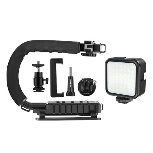 PULUZ U/C Shape Video Action Stabilizing Handle Grip Handheld Stabilizer Kit with Phone Clamp + LED Studio Light for Canon Sony Nikon Cameras and Home DV Camera Smartphones stabilizer kits 2