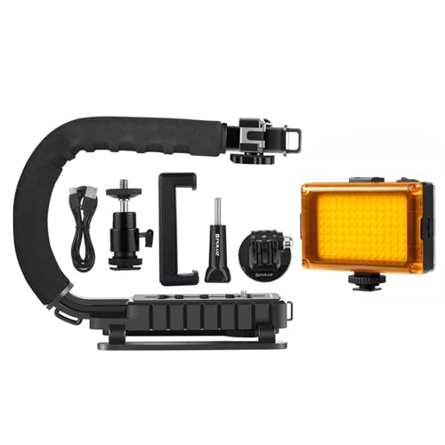 PULUZ U/C Shape Video Action Stabilizing Handle Grip Handheld Stabilizer Kit with Phone Clamp & LED Studio Light for Canon Sony Nikon Cameras and Home DV Camera Smartphones stabilizer kits 3