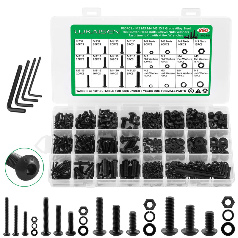 [Australia - AusPower] - 860PCS Metric Screw Assortment Kit, M2 M3 M4 M5 Machine Screws with Lock & Flat Washers, 10.9 Grade Alloy Steel, Metric Hex Button Head Cap Nuts and Bolts Assortment Kit with 4 Wrenches 860PCS Hex Button Head 