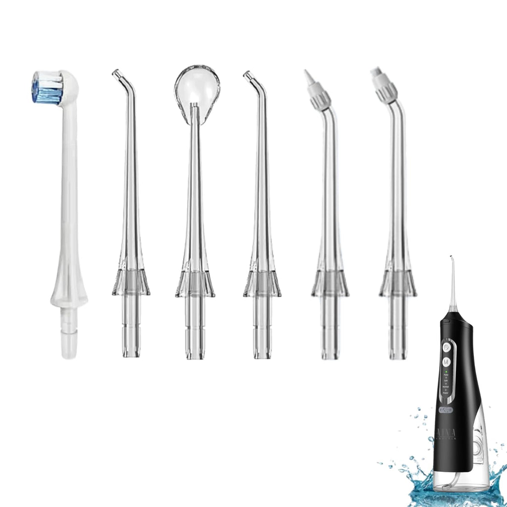 AINA Water Flosser Replacement Nozzles (6 Pcs) - Oral Irrigator Accessories, 2 Standard Jet Tips, 2 Orthodontic Tips for Braces, 1 Tongue Cleaner Tip, 1 Toothbrush Tip, Comprehensive Oral Care 6 Nozzles