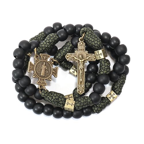 Nazareth Store Antique Bronze Metal Rugged Durable Paracord Rosary Necklace Black Matte Prayer Beads with Saint Medal and Crucifix St benedict & St benedict cross