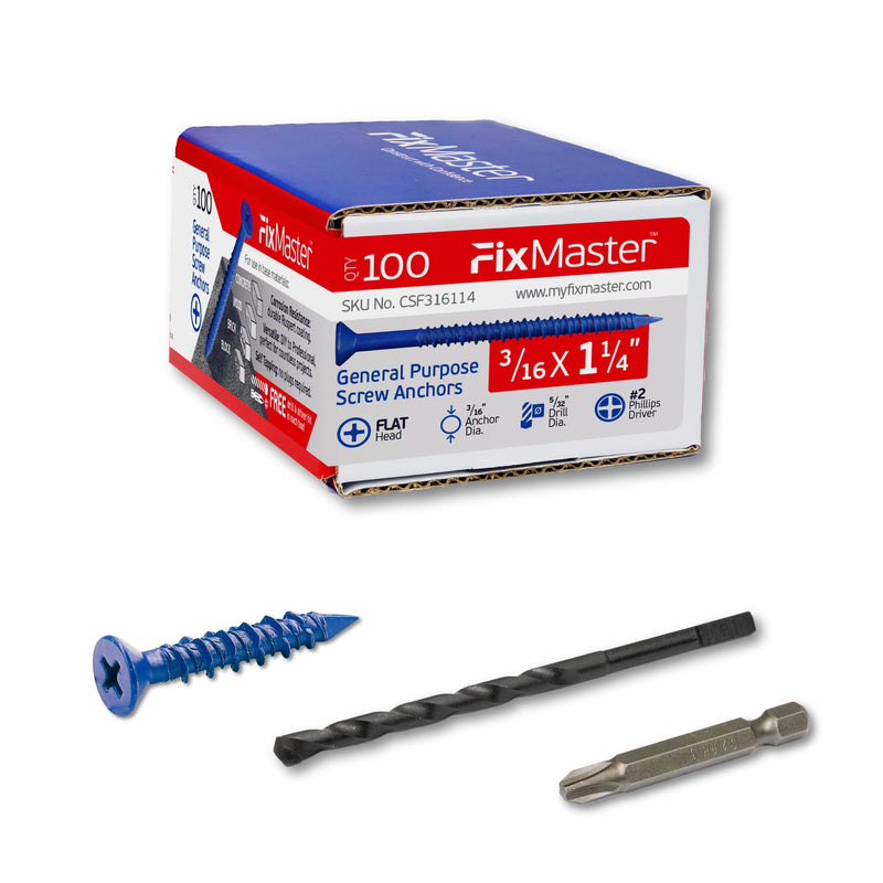 [Australia - AusPower] - 3/16 x 1-1/4" Countersunk Phillips Flat Head Blue Concrete Screw Anchors (100 pcs Screw Kit) with one Screwdriver and Drill Bit for Concrete, Masonry, Block, Brick and Wood fastening 3/16 x 1-1/4 