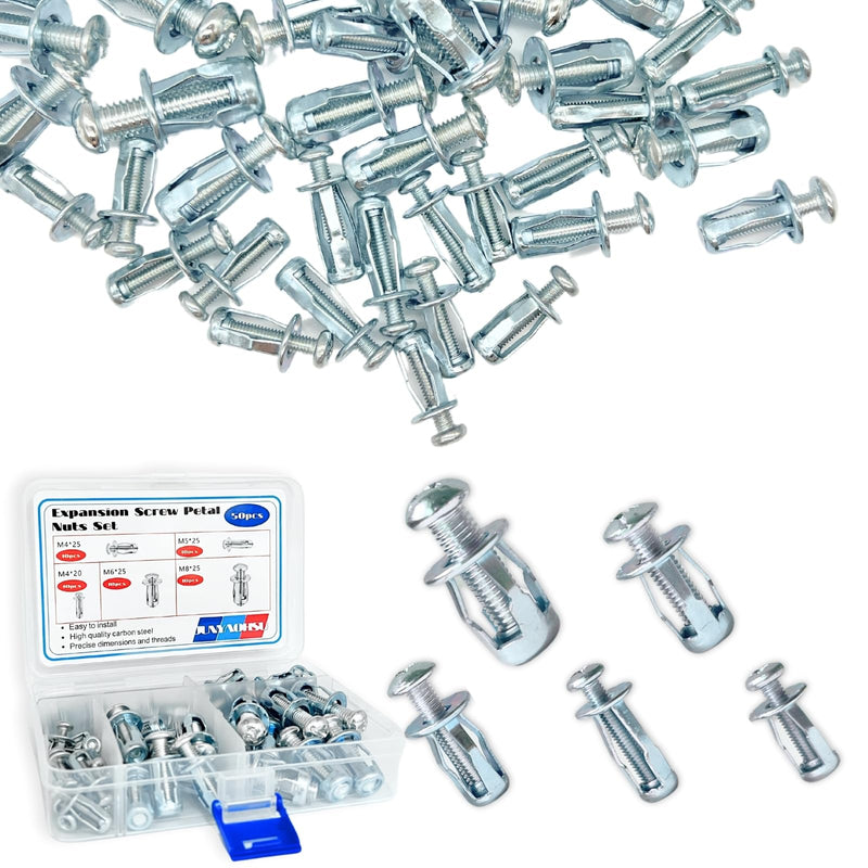 [Australia - AusPower] - 50pcs Petal Nuts, Expansion Screw Jack Nut, Carbon Steel Rustproof Corrosion-Resistant Petal Shape Rivet Nuts Fasteners for Securing Plate Frame Container Tag, Silver M4 M5 M6 M8 