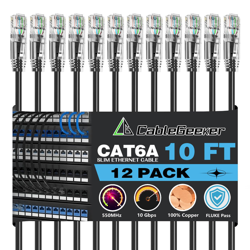 CableGeeker Patch Cables Cat6a 10ft (12 Pack) Slim, Cat6 Ethernet Patch Cable 10G Support, Snagless RJ45 Cat 6 Patch Cable for Patch Panel to Switch, Flexible Network Cable - 10 Feet Black 12 Pack Black-Slim