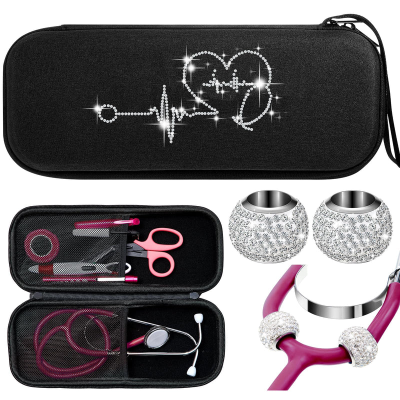 [Australia - AusPower] - 1 Pack Rhinestone Stethoscope Case and 2 Pack Crystal Round Stethoscope Charms Set Compatible with Classic Iii, Lightweight Ii S. E, Nurse Gifts Nursing School Essentials Stethoscopes Name Tag(Black) Black 