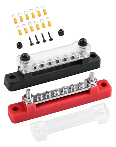 LAOYE Busbar 12V-48V DC 150A Busbar Busbar Distribution Block 12V Power Distribution Block with Cover 6x M4 Terminal Bolts 12 V Distributor for Car RV Truck Red Black Pack of 2 150A-6M4