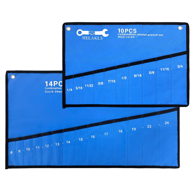 2-Piece Oxford Wrench Roll Organizer SAE and Metric, Wrench Tool Roll Up Pouch with Pockets for Larger Wrenches, 10 Pockets SAE+ 14 Pockets Metric (Only Bags) 10+14 Pockets