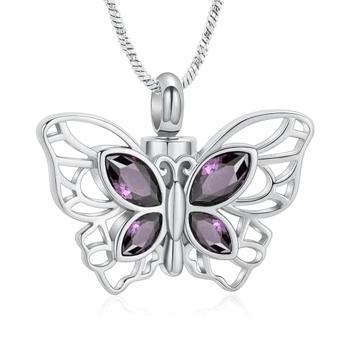 Yinplsmemory Butterfly Urn Necklace for Ashes for Women Memorial Loved One Ashes Keepsake Cremation Jewelry for Human/Pet Ashes Silver-purple