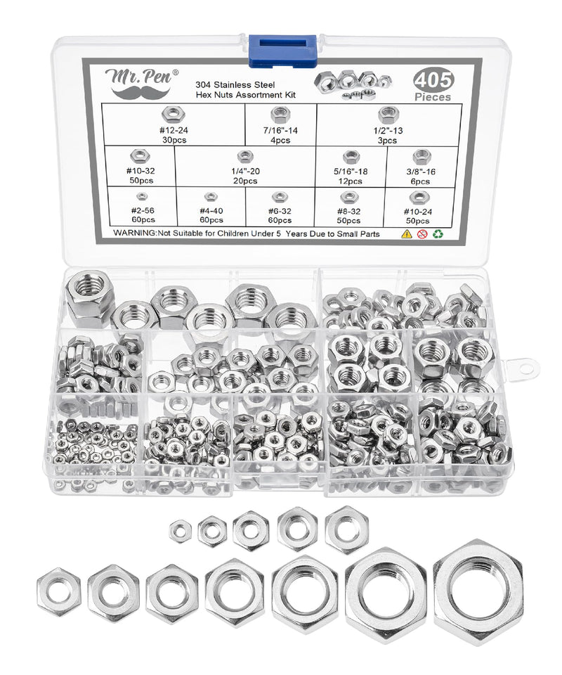 [Australia - AusPower] - Mr. Pen- SAE Hex Nuts Assortment Kit, 405 pcs, Stainless Steel, Hardware Nuts, 1/4-20 Nut Set, 3/8 Nut, 5/16 Nut, 3/8 Nuts, 10-32 Nut, 5/16 Nuts, 1/4 Nuts, 5/16-18 Nut, 1/4-20 Nuts, 6-32 Nut 